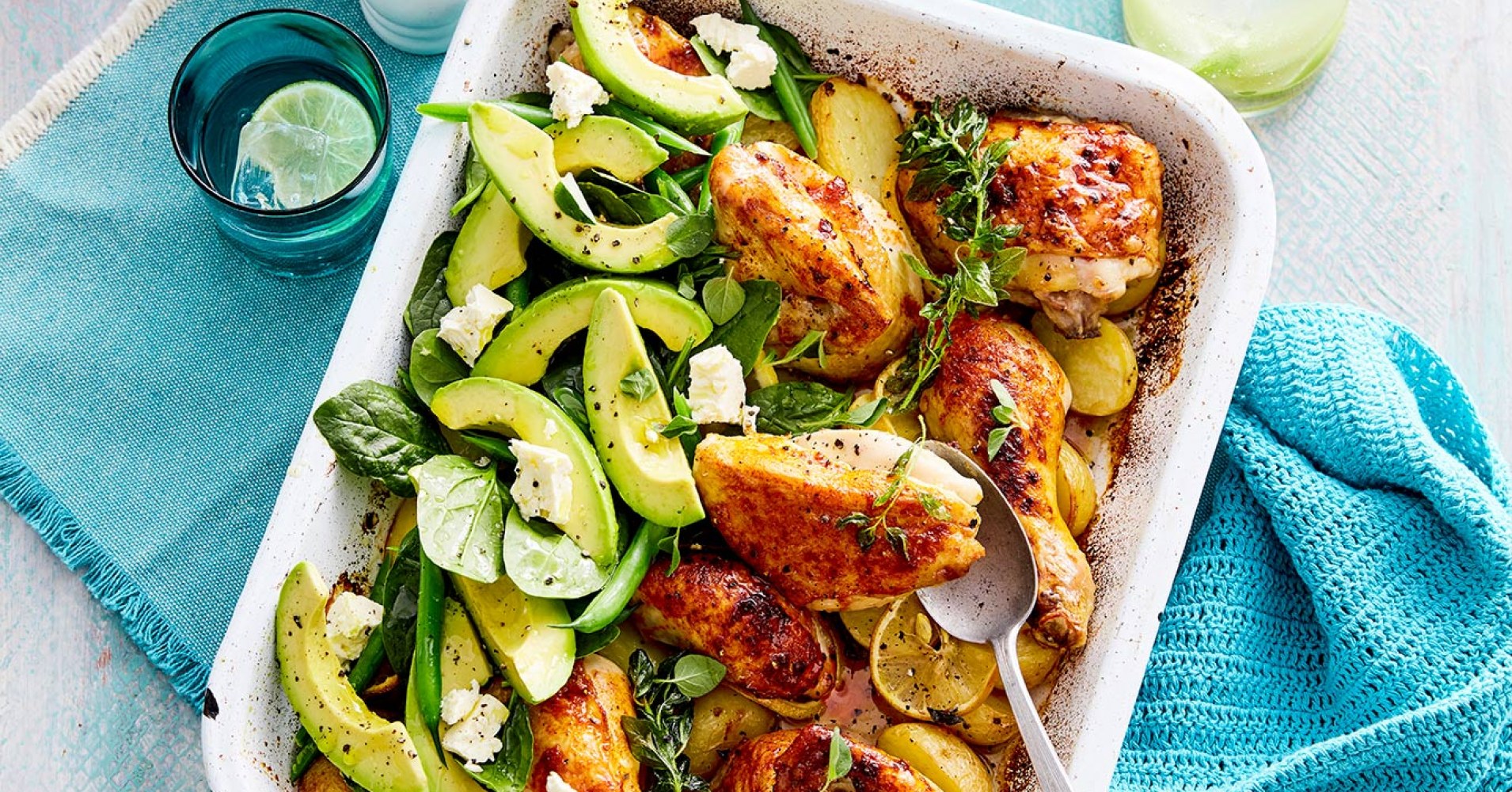 Chicken, Avocado and Crunchy Potato Tray Bake Recipe | myfoodbook | Easy lemon chicken tray bake